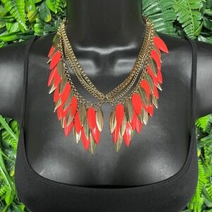 Orange Gold Leaf Statement Bib Necklace Multi Layered Fringe Chain Collar 3817